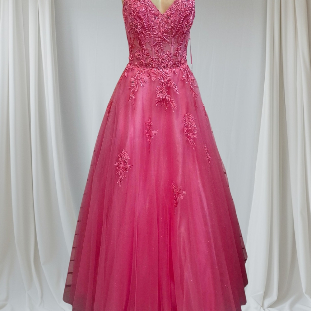 Pink Tiered Embellished V-Neck Quicenera Gown Size L